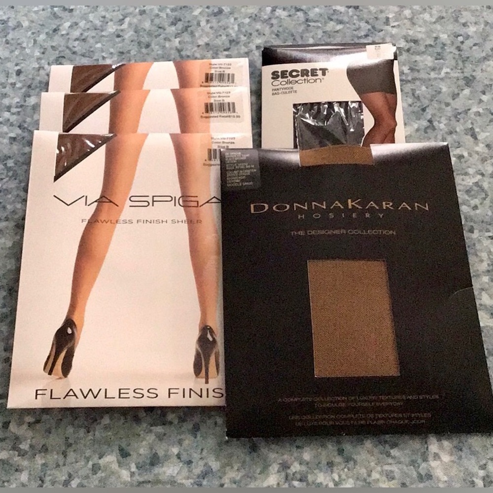 NEW Set 5 Stockings:3 Bronze VIA SPIGA, 1 DONNA KARAN, 1 Black SECRET Diamond- B